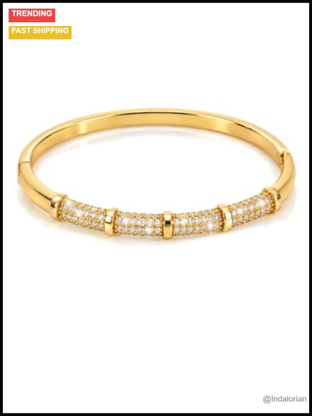 Waterproof 14K Gold Plated CZ Hinged Bangle Bracelet Bamboo Style Stackable